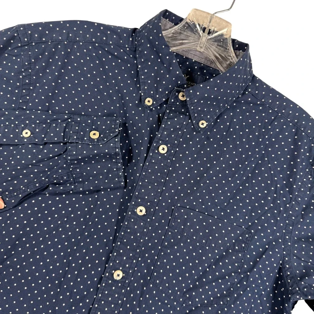 American Eagle Mens S Classic Fit Navy Blue Polka Dot Button Down‎ Shirt Preppy